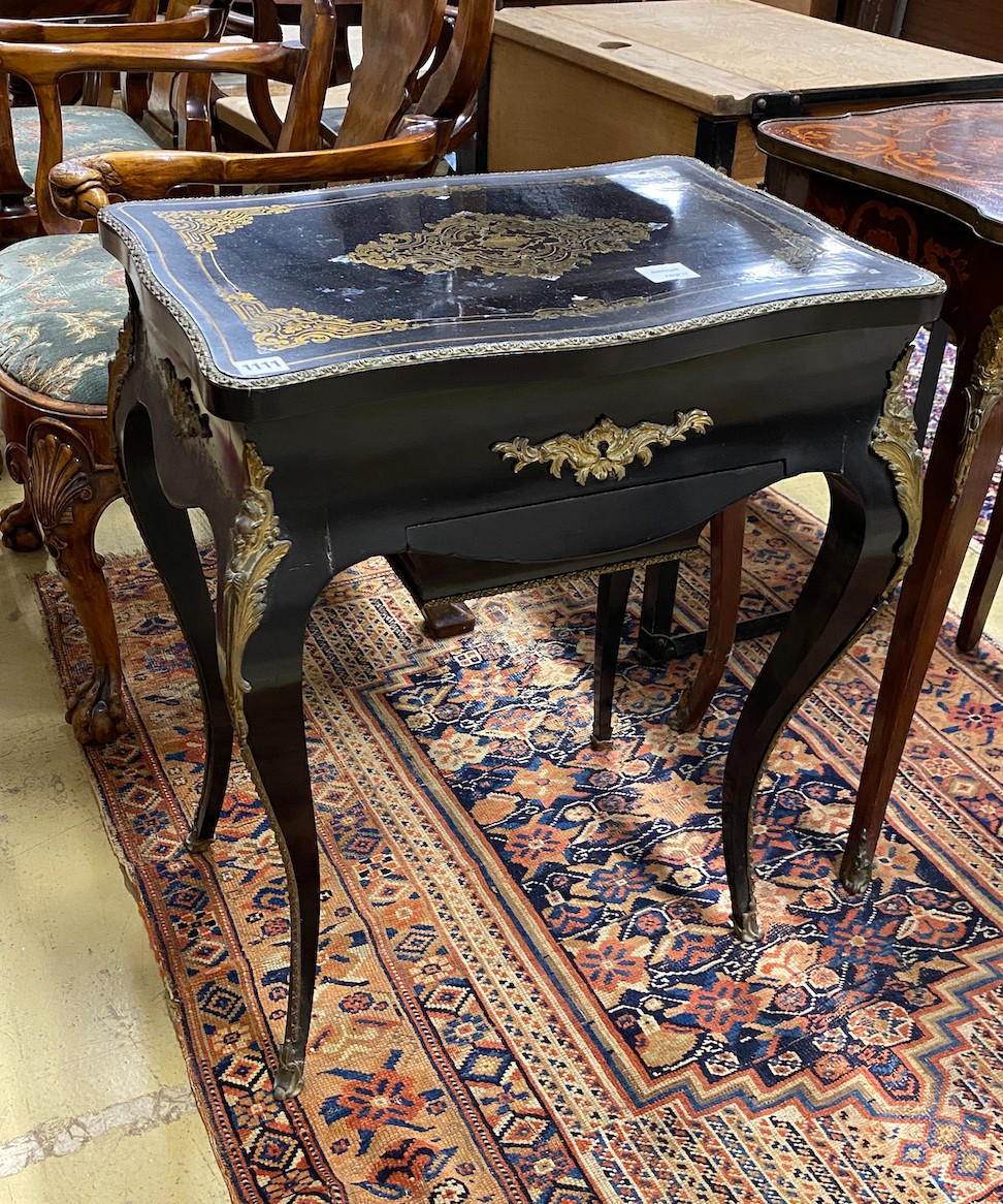 A late 19th century Louis Philippe cut brass inlaid ebonised work table, marked Tahan, Paris, width 59cm, depth 42cm, height 73cm